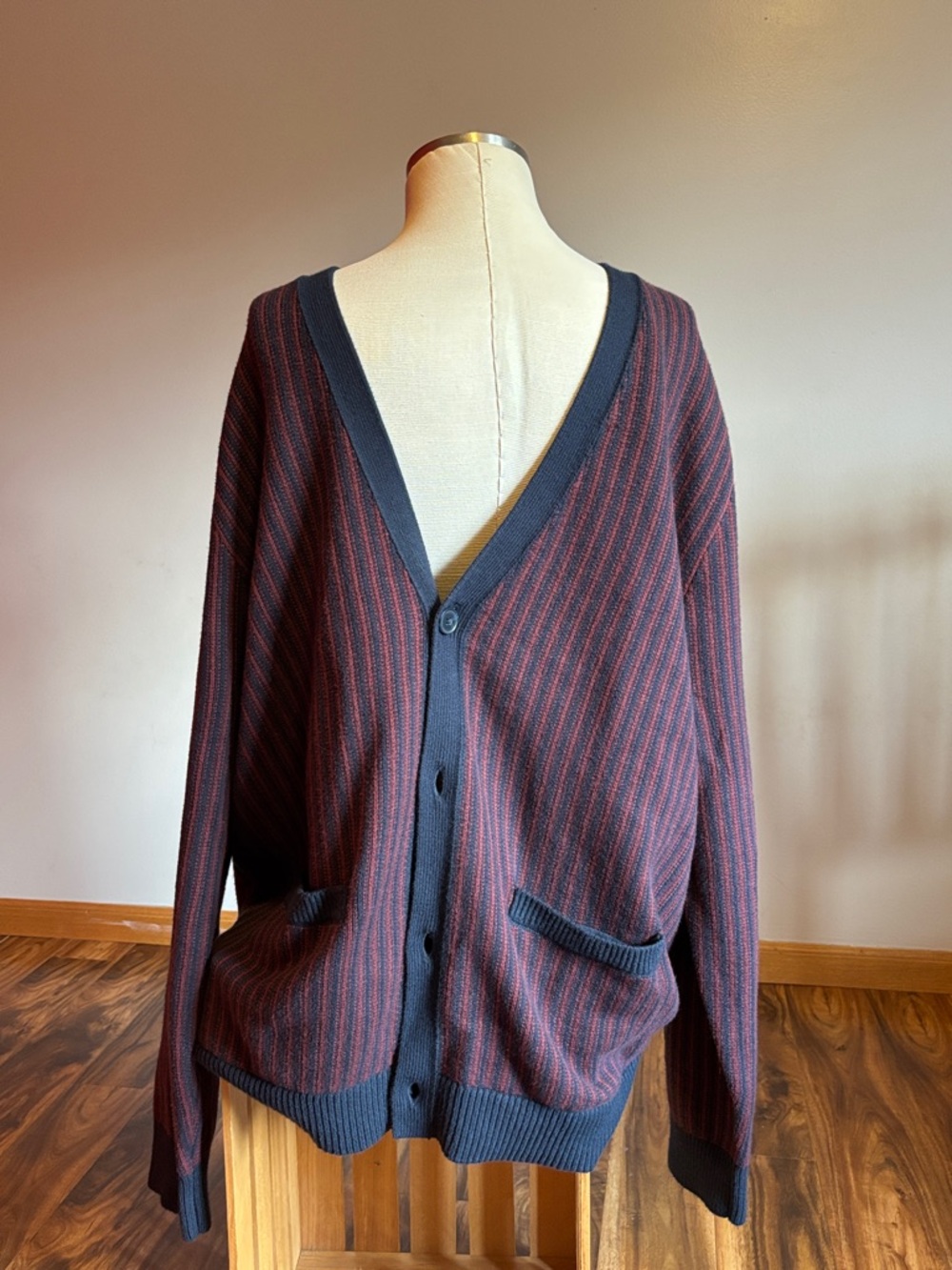 Goodfellow & Co Burgundy and Navy Striped V-Neck Cardigan XXL